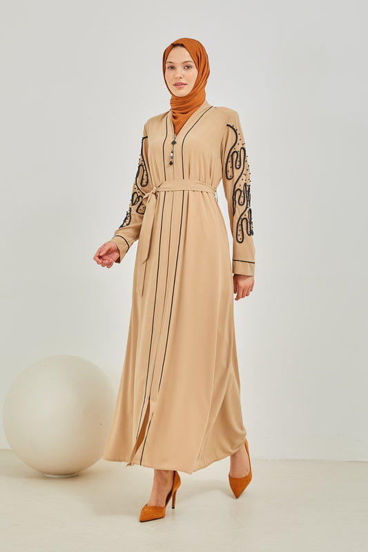 Abaya beige avec broderie sur les manches |2067-6-23