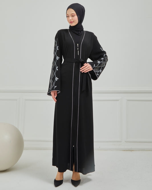 Omzu Nakışlı Abaya Ferace Siyah | 12006-1