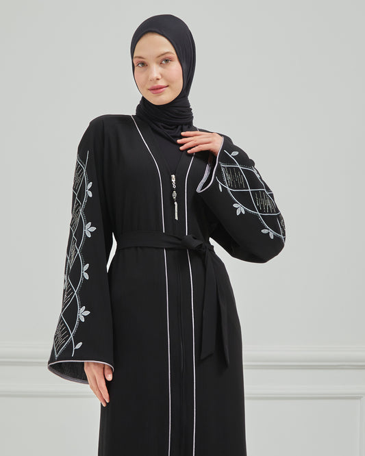 Omzu Nakışlı Abaya Ferace Siyah | 12006-1