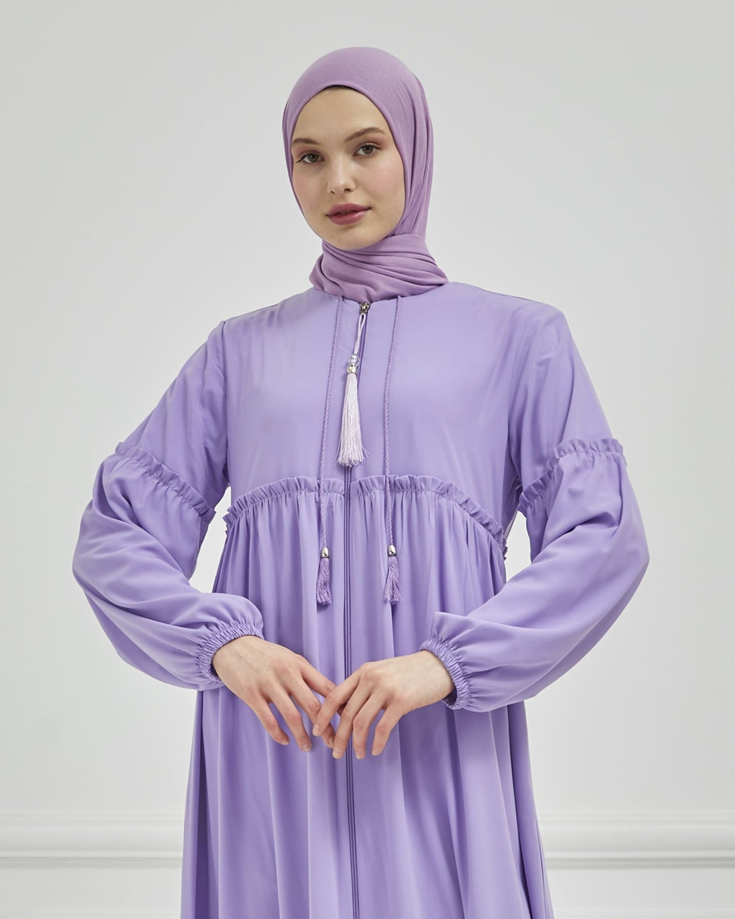 Abaya plissée large et manches élastiques, couleur grise | 2061-24