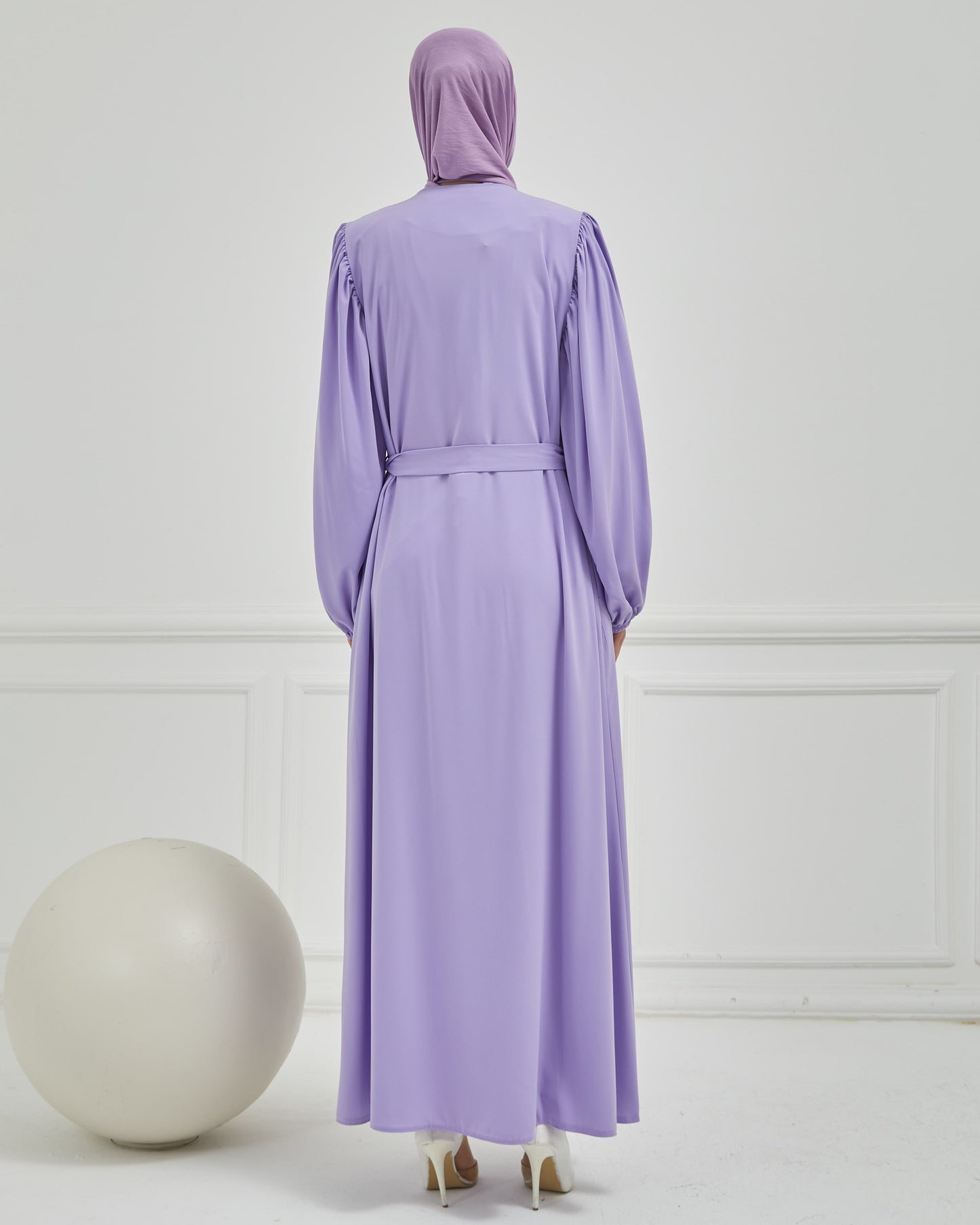 Abaya grise à manches ballon et ceinture à la taille | 2077-24