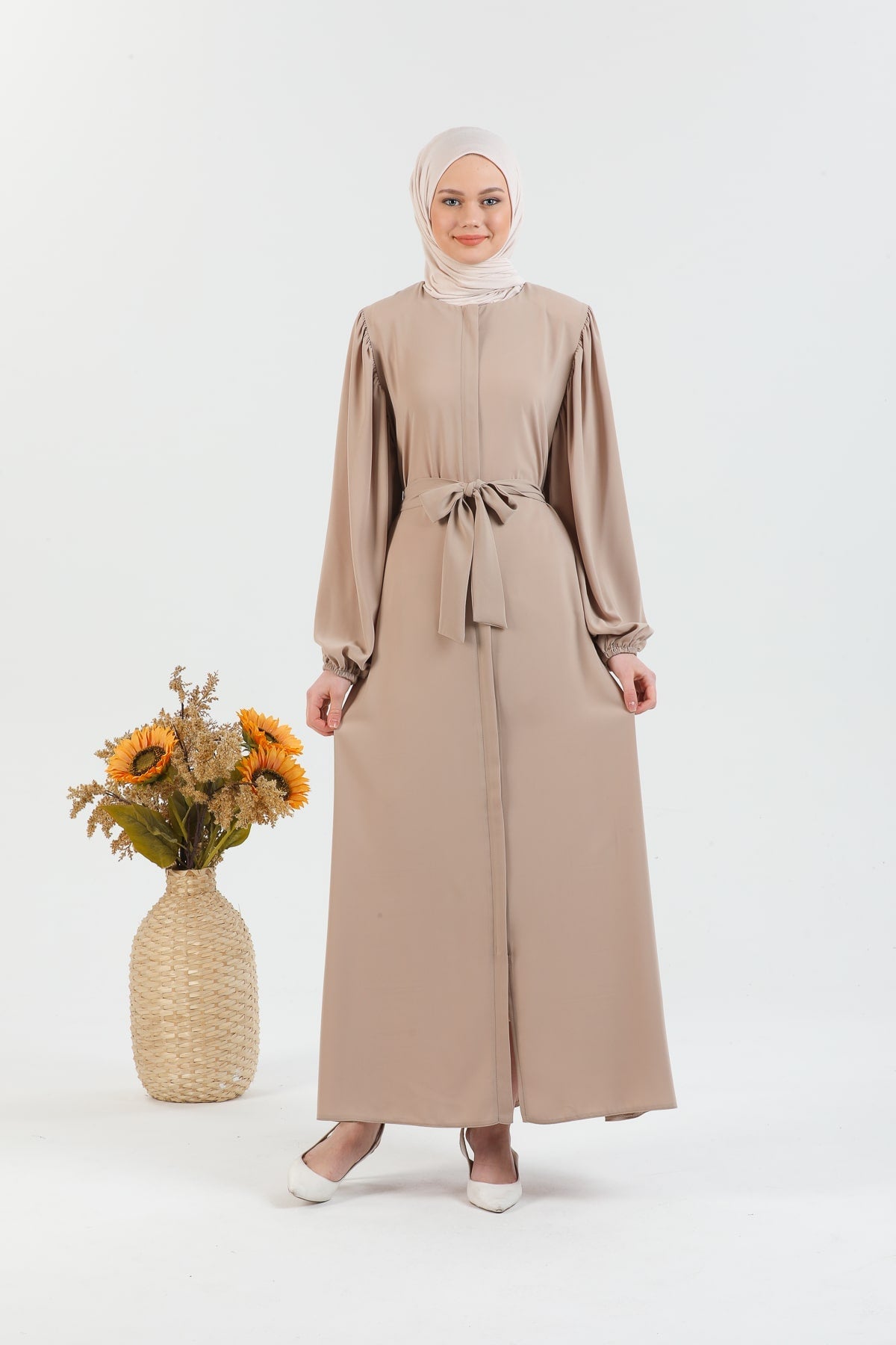 Abaya Vison à manches ballon et ceinture à la taille | 2077-23