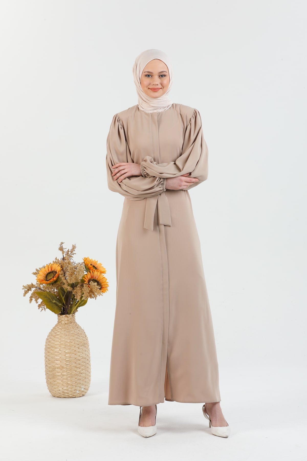 Abaya Vison à manches ballon et ceinture à la taille | 2077-23