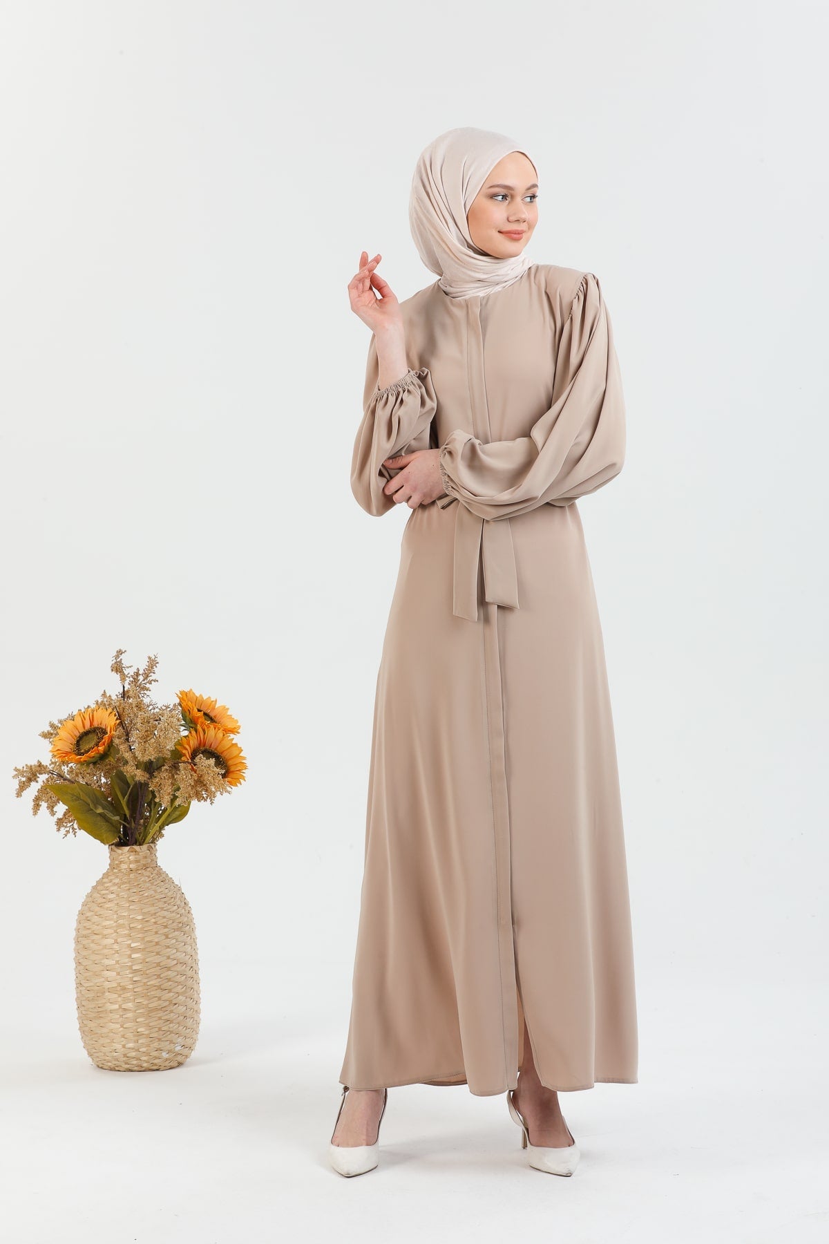 Abaya Vison à manches ballon et ceinture à la taille | 2077-23