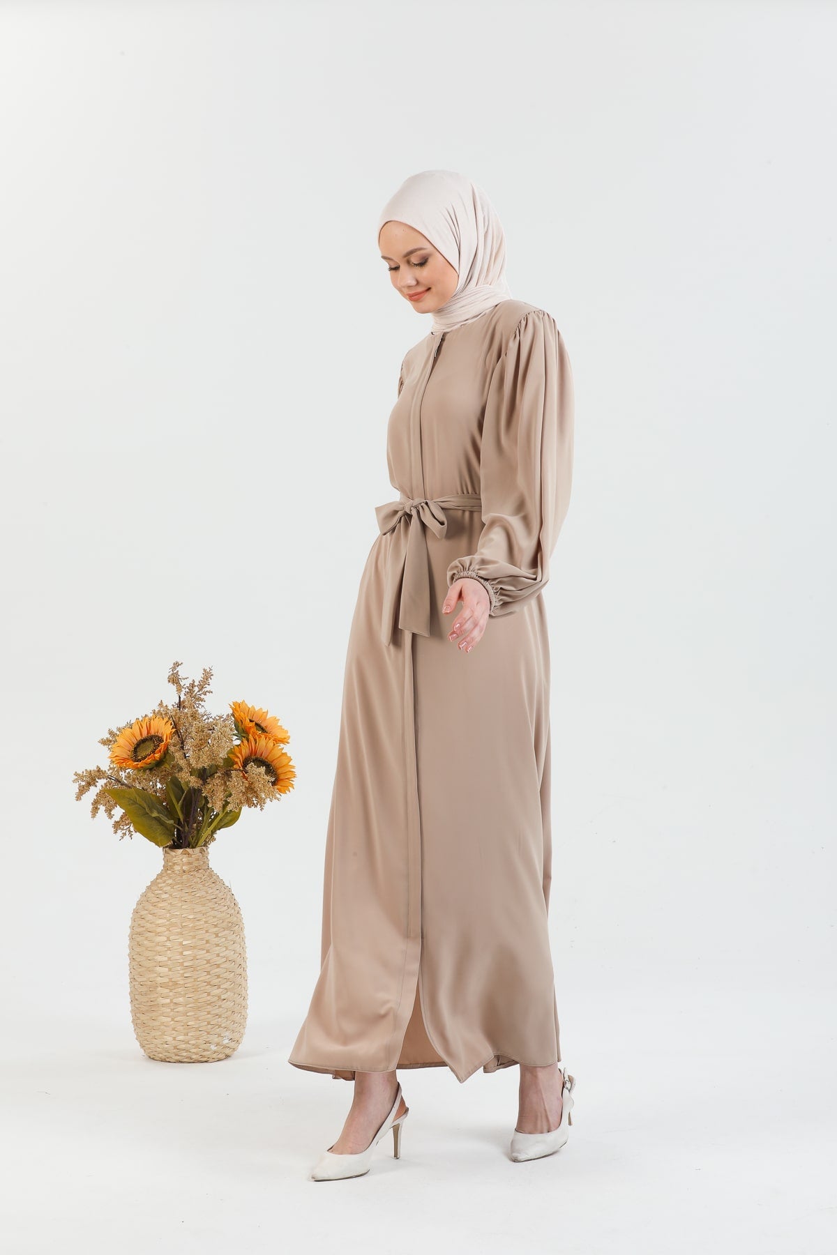 Abaya Vison à manches ballon et ceinture à la taille | 2077-23