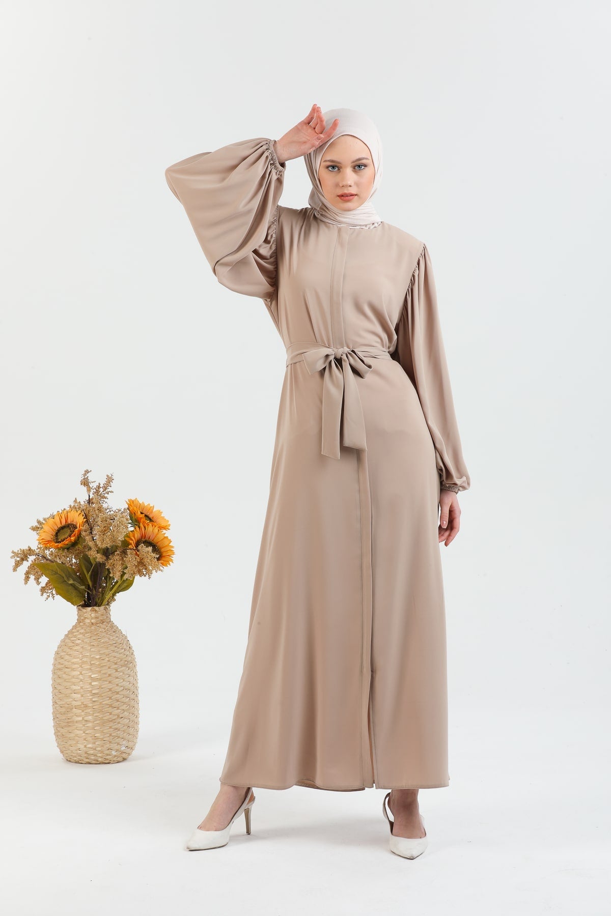 Abaya Vison à manches ballon et ceinture à la taille | 2077-23