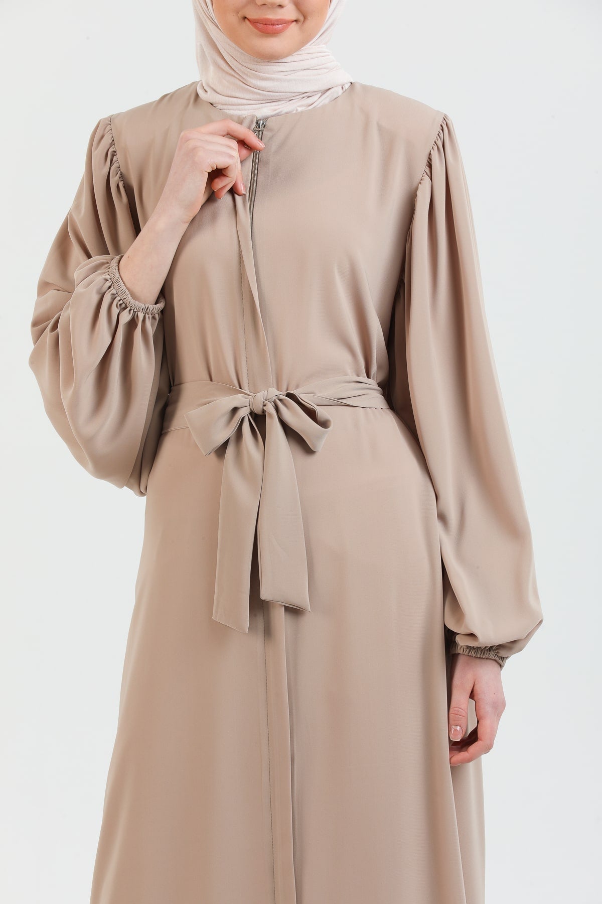 Abaya Vison à manches ballon et ceinture à la taille | 2077-23