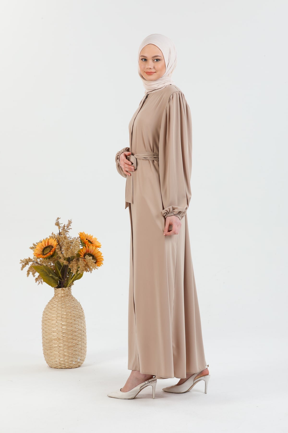 Abaya Vison à manches ballon et ceinture à la taille | 2077-23