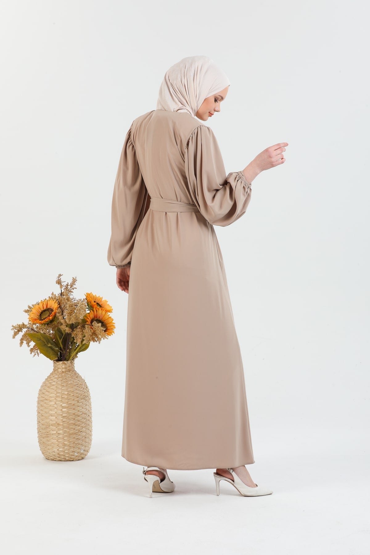 Abaya Vison à manches ballon et ceinture à la taille | 2077-23