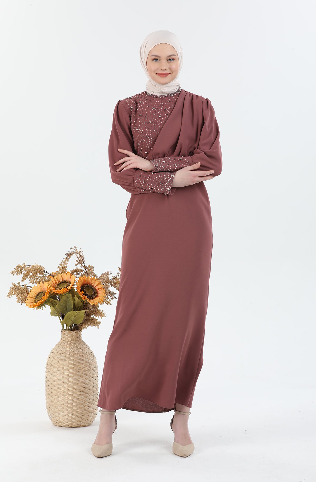 İnci Detaylı Tesettür Elbise Pembe | 30243