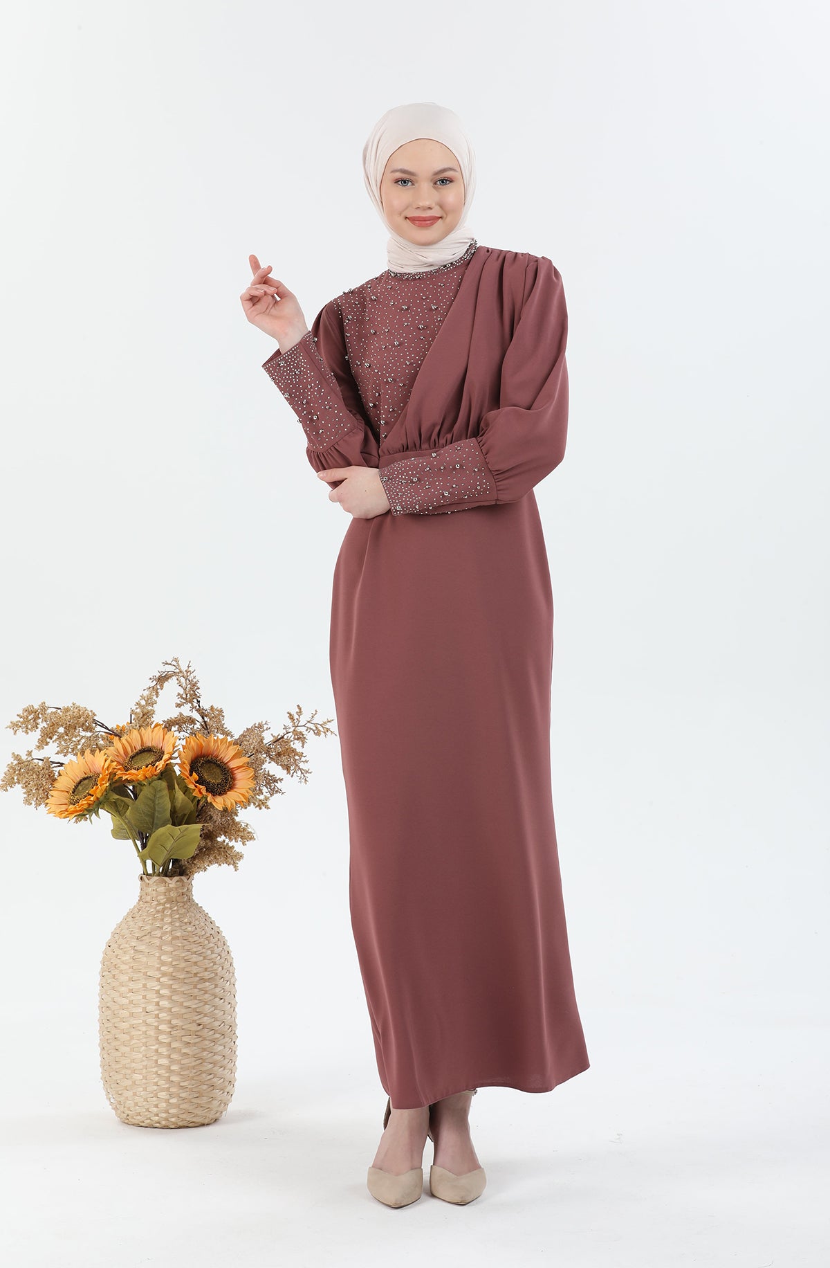 İnci Detaylı Tesettür Elbise Pembe | 30243