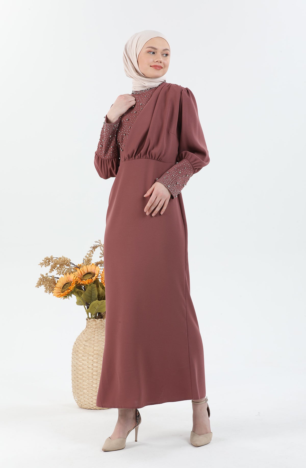 İnci Detaylı Tesettür Elbise Pembe | 30243