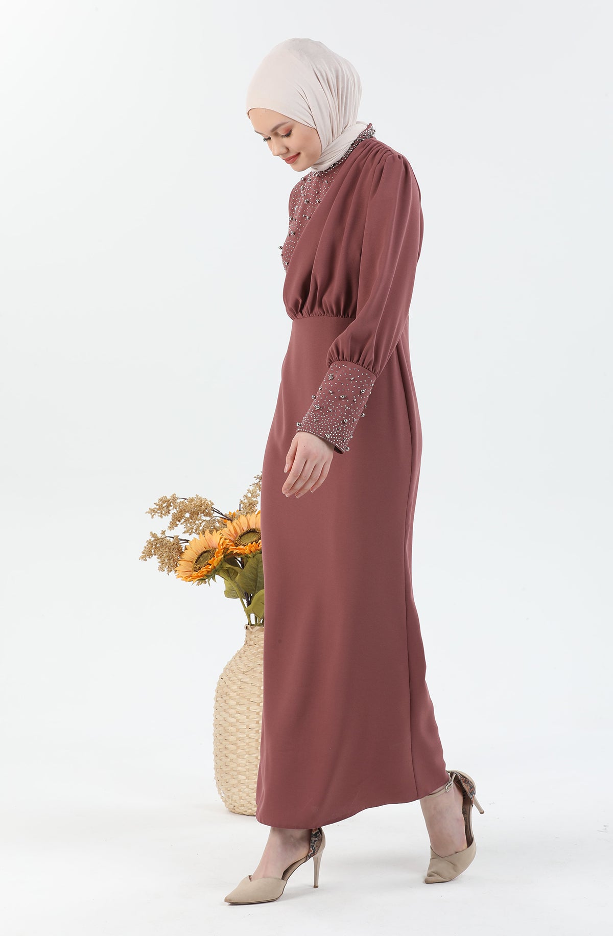 İnci Detaylı Tesettür Elbise Pembe | 30243