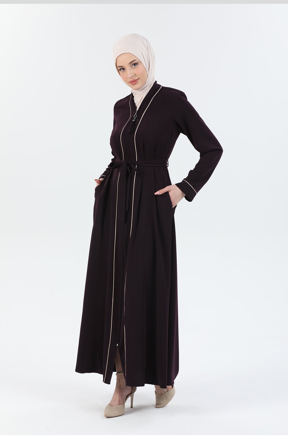 Abaya Kaki avec détail Passepoil | 2067-0-9
