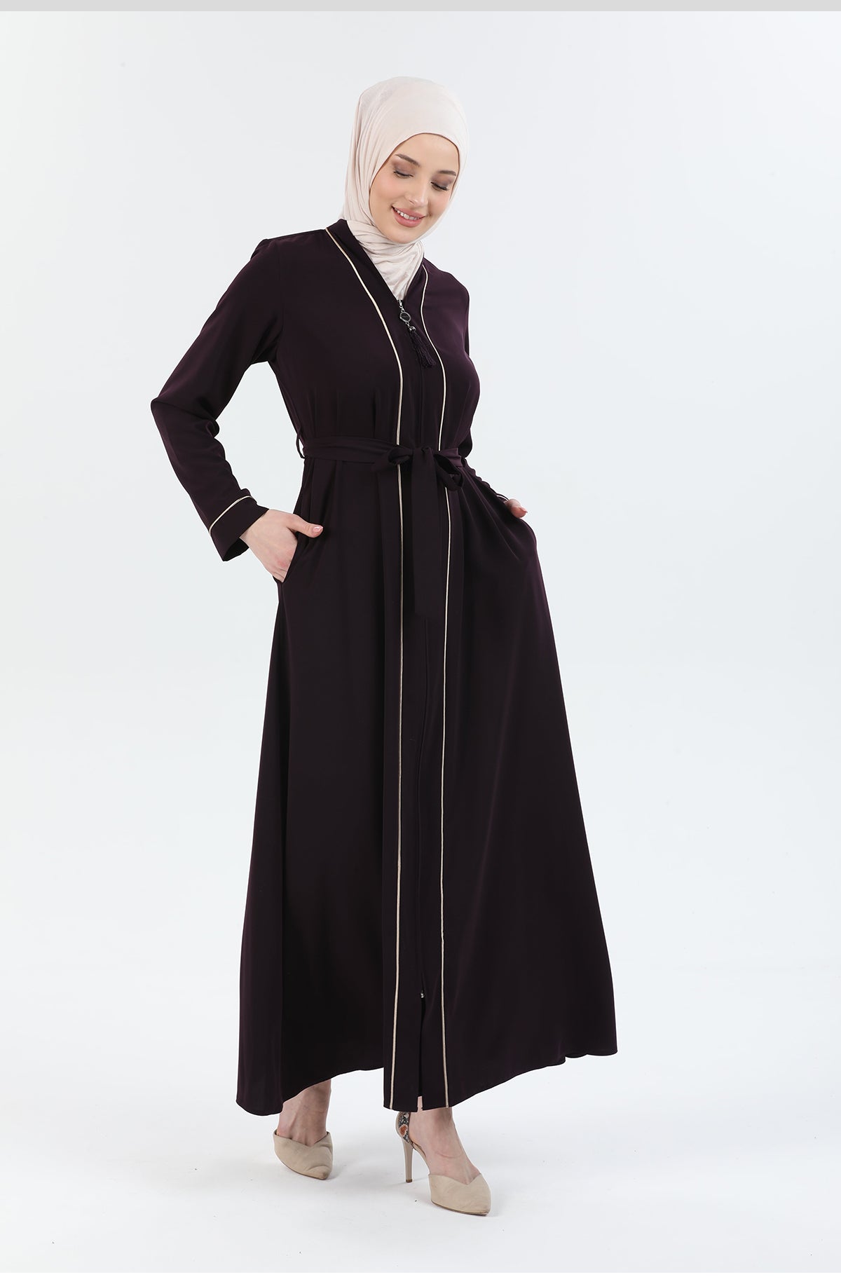 Abaya Kaki avec détail Passepoil | 2067-0-9