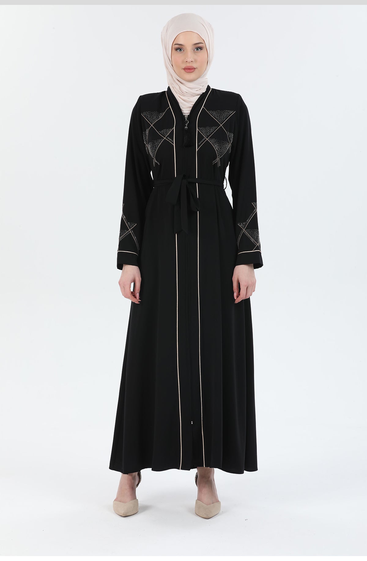 Taş ve Nakış Detaylı Biyeli Abaya Ferace Siyah | 206721