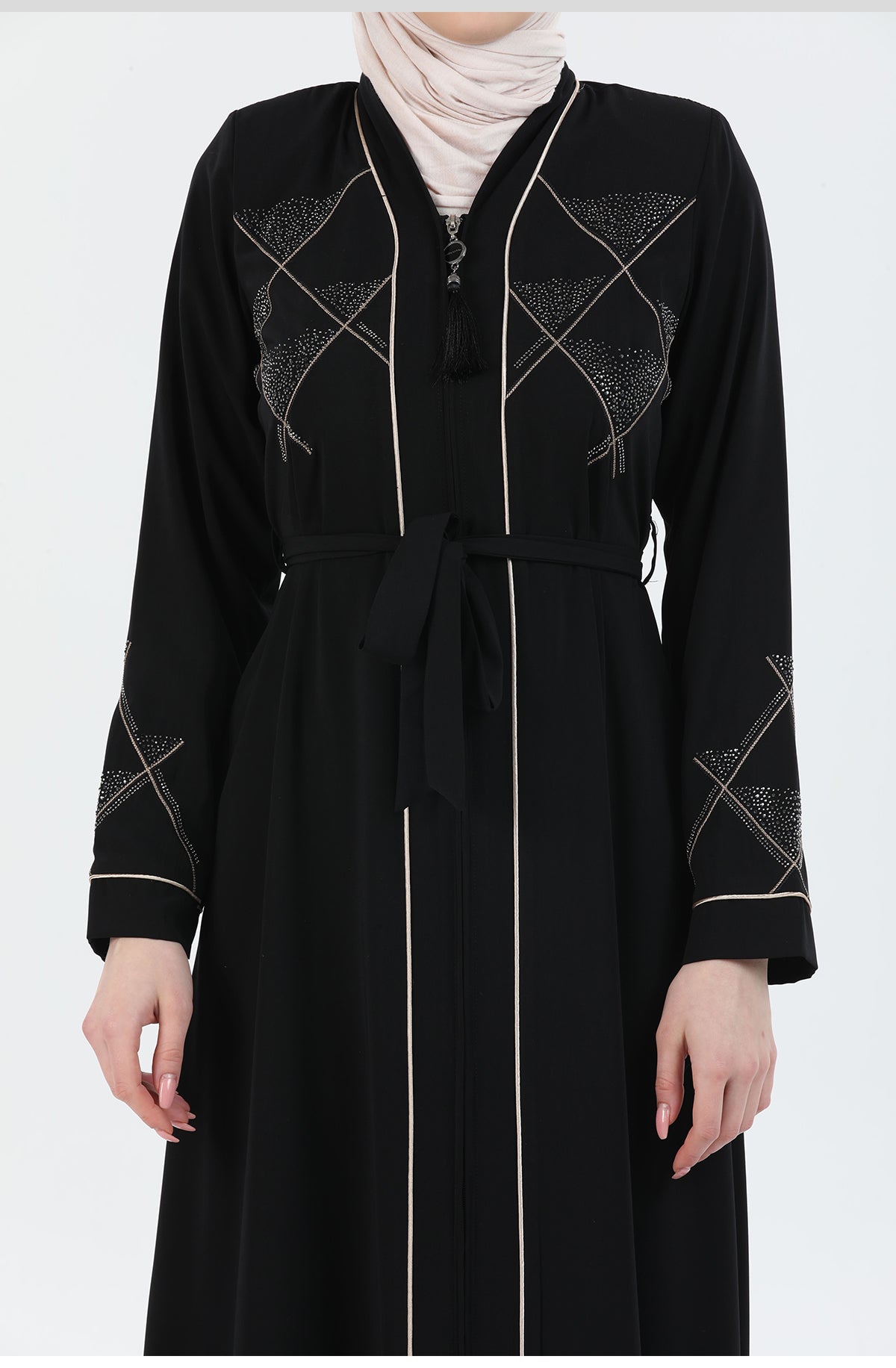 Taş ve Nakış Detaylı Biyeli Abaya Ferace Siyah | 206721