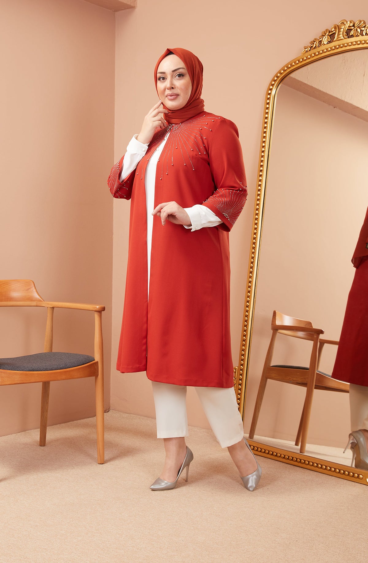 Robe en mousseline grande taille avec pierres bordeaux | 8013-2-7