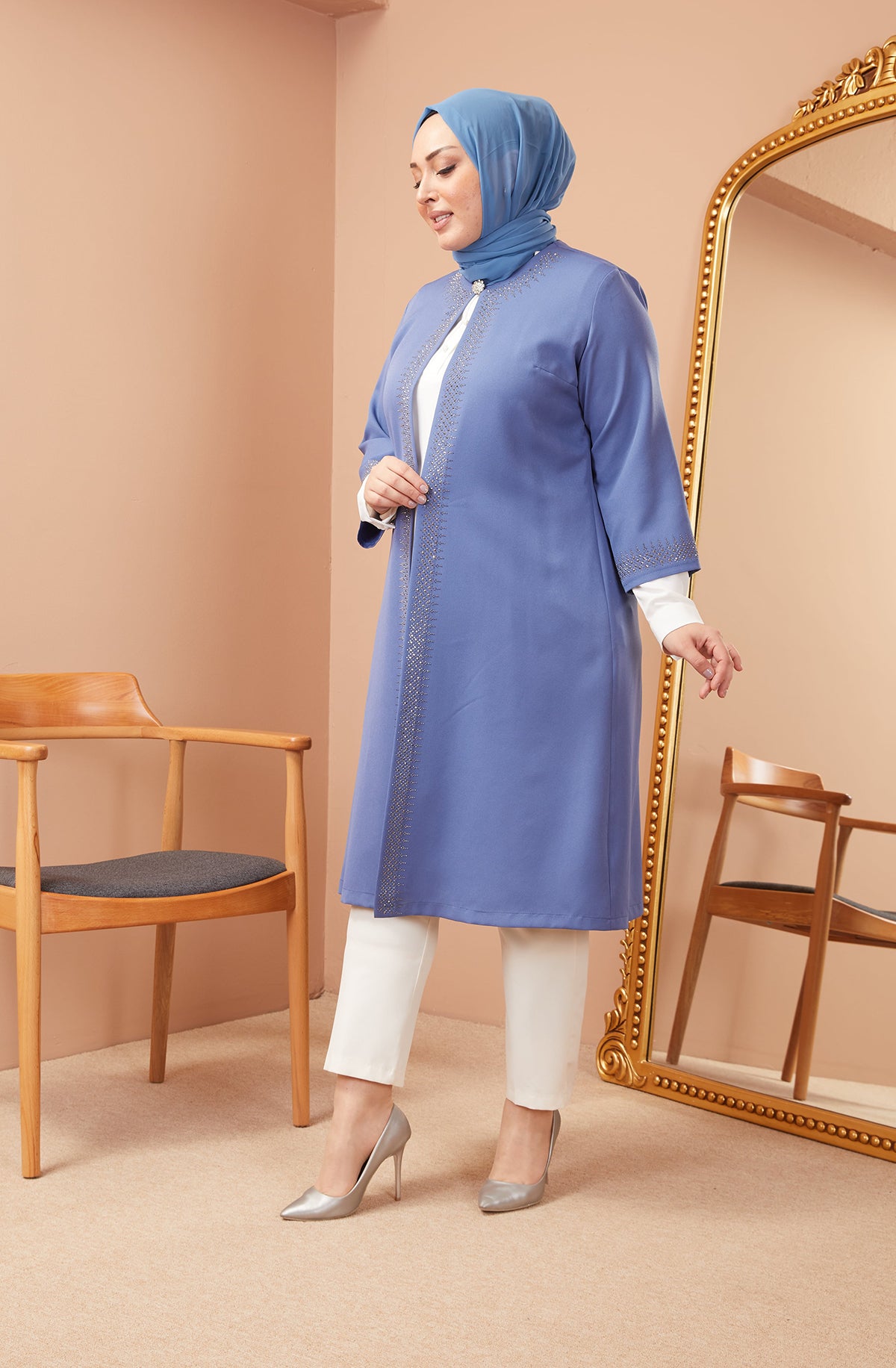Robe en mousseline grande taille avec pierres bordeaux | 8013-2-7