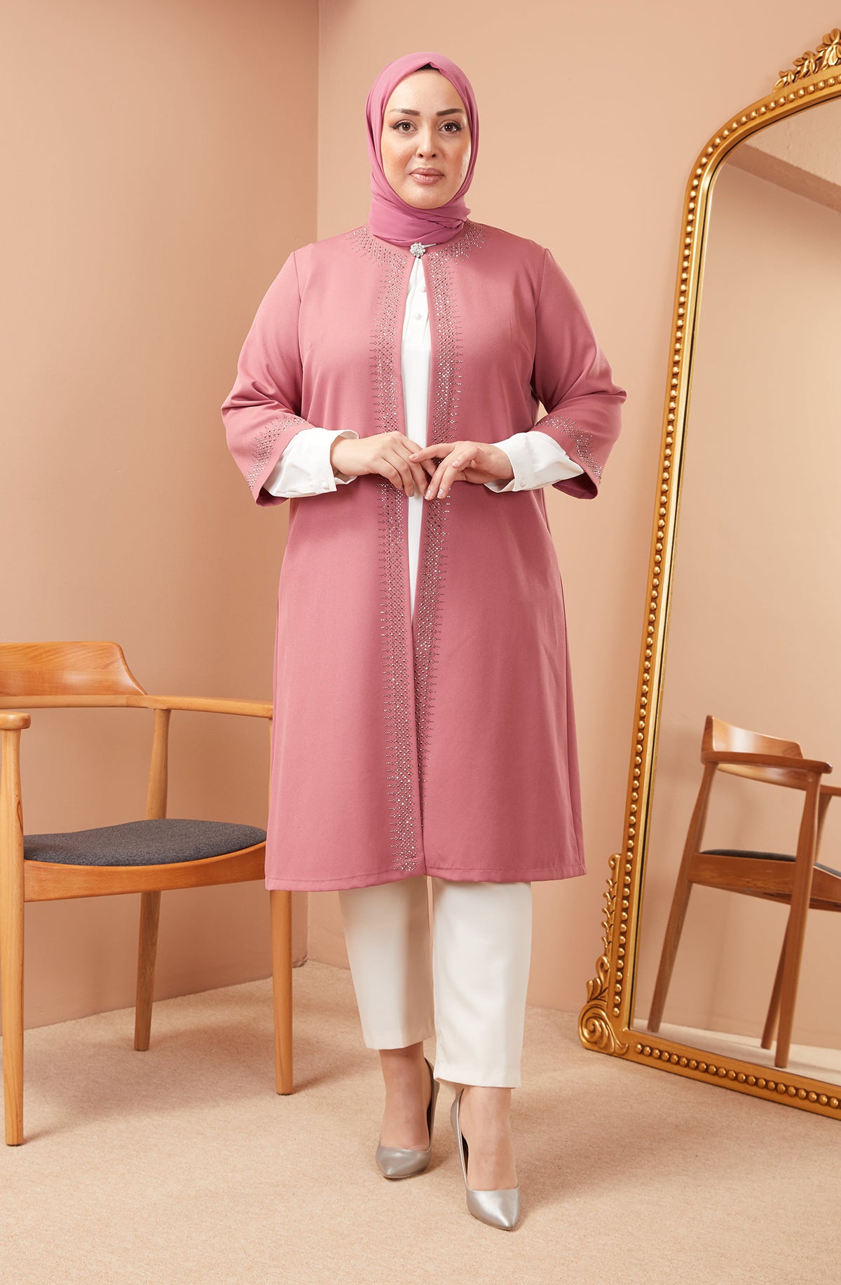 Robe en mousseline grande taille avec pierres bordeaux | 8013-2-7