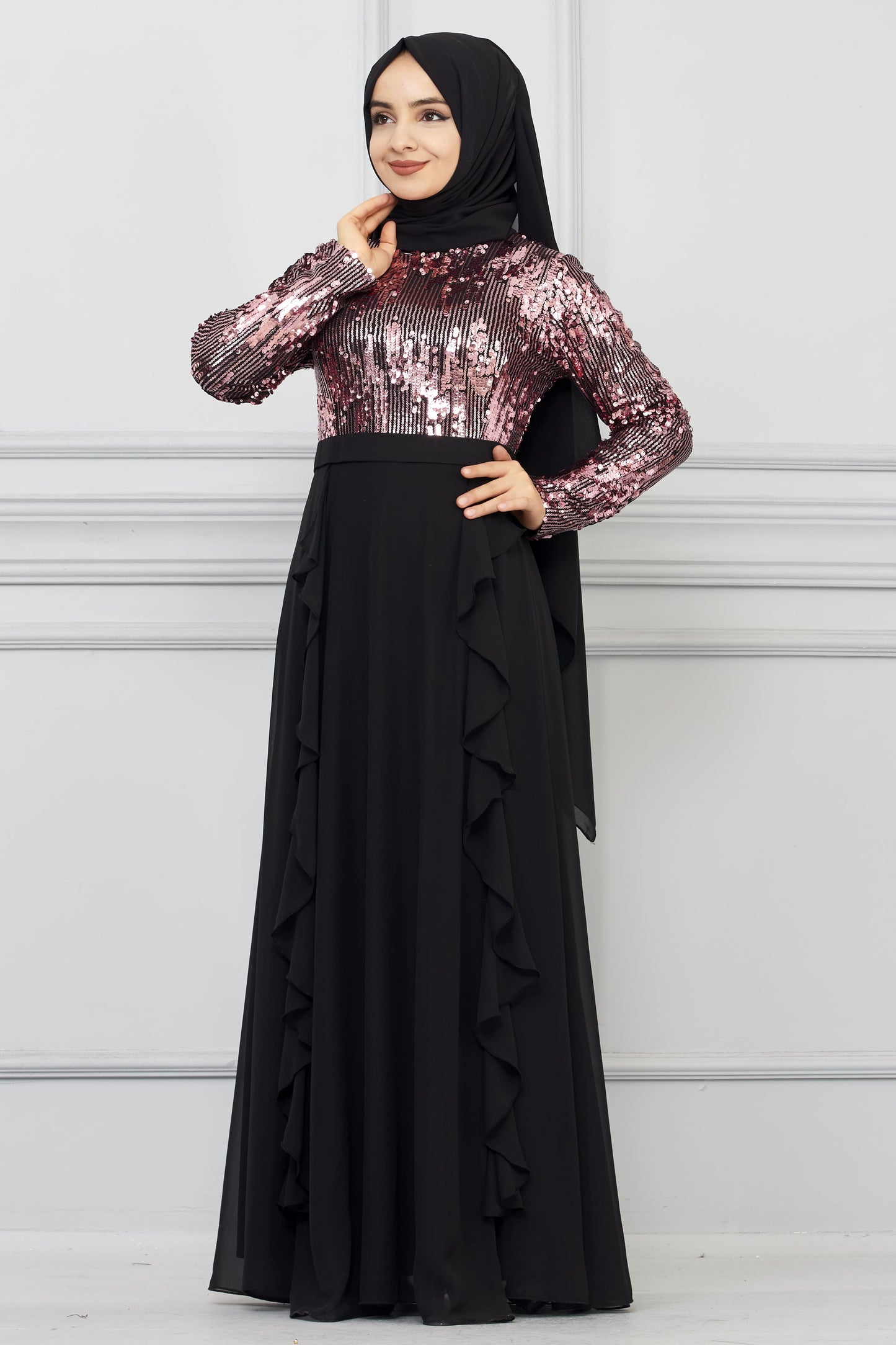Robe de soirée détaillée en mousseline de soie à sequins Rose | 7019-3