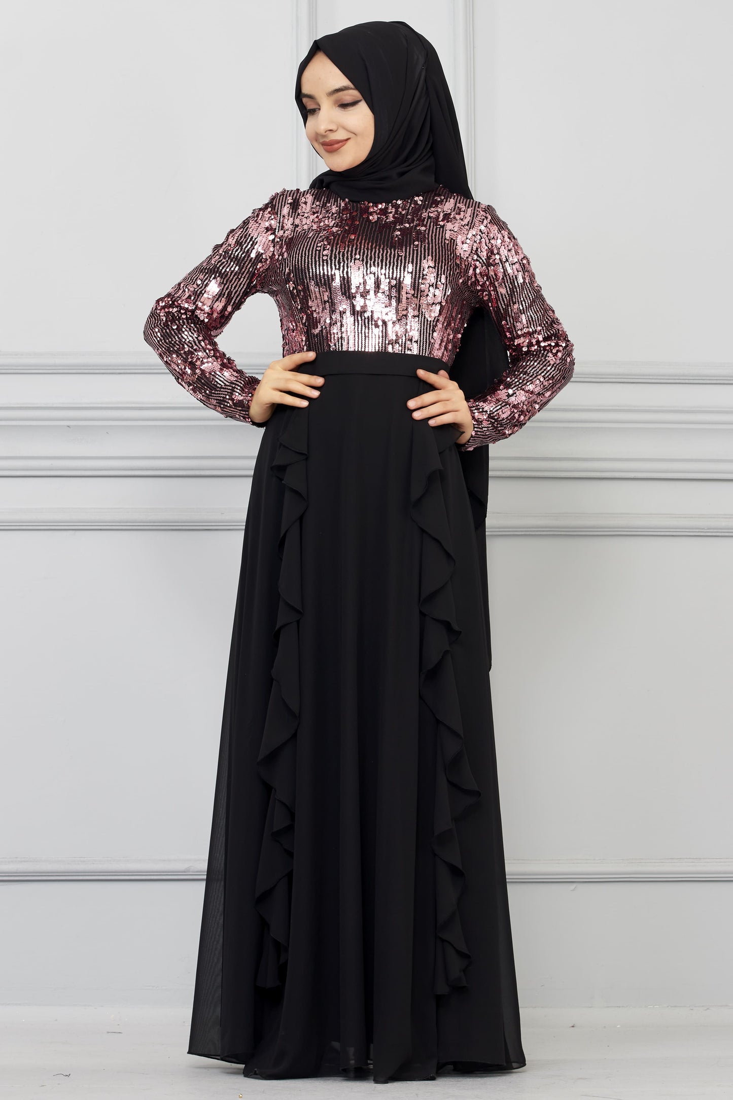 Robe de soirée détaillée en mousseline de soie à sequins Rose | 7019-3