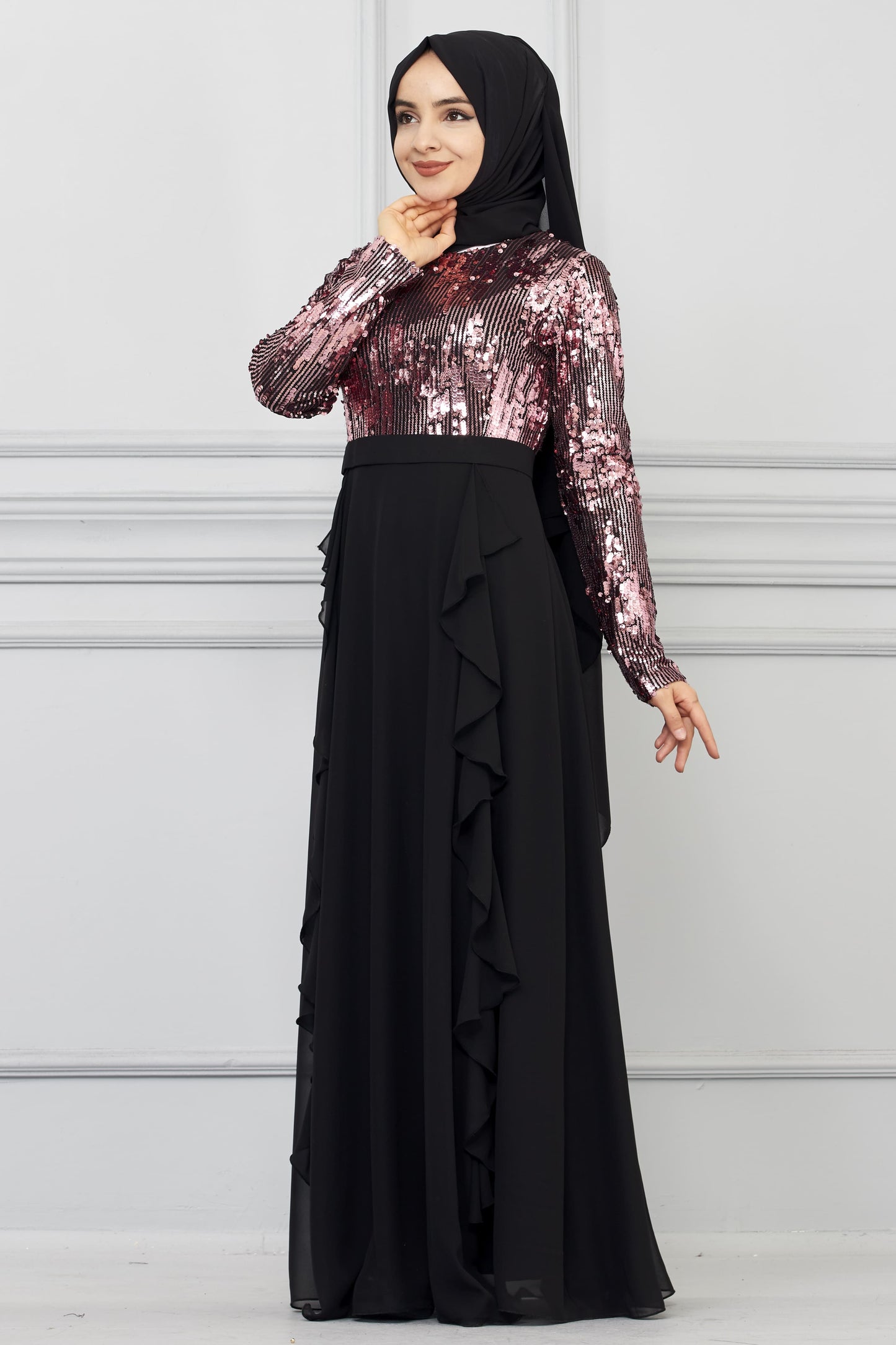Robe de soirée détaillée en mousseline de soie à sequins Rose | 7019-3