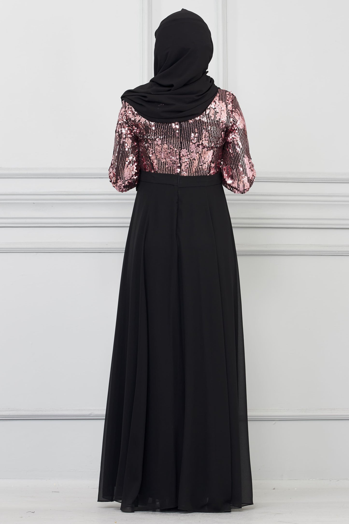 Robe de soirée détaillée en mousseline de soie à sequins Rose | 7019-3