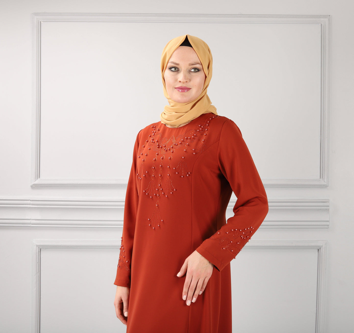 Önü Taş Baskılı Büyük Beden Abiye Elbise Kiremit | 3010-29 - Modalale.com