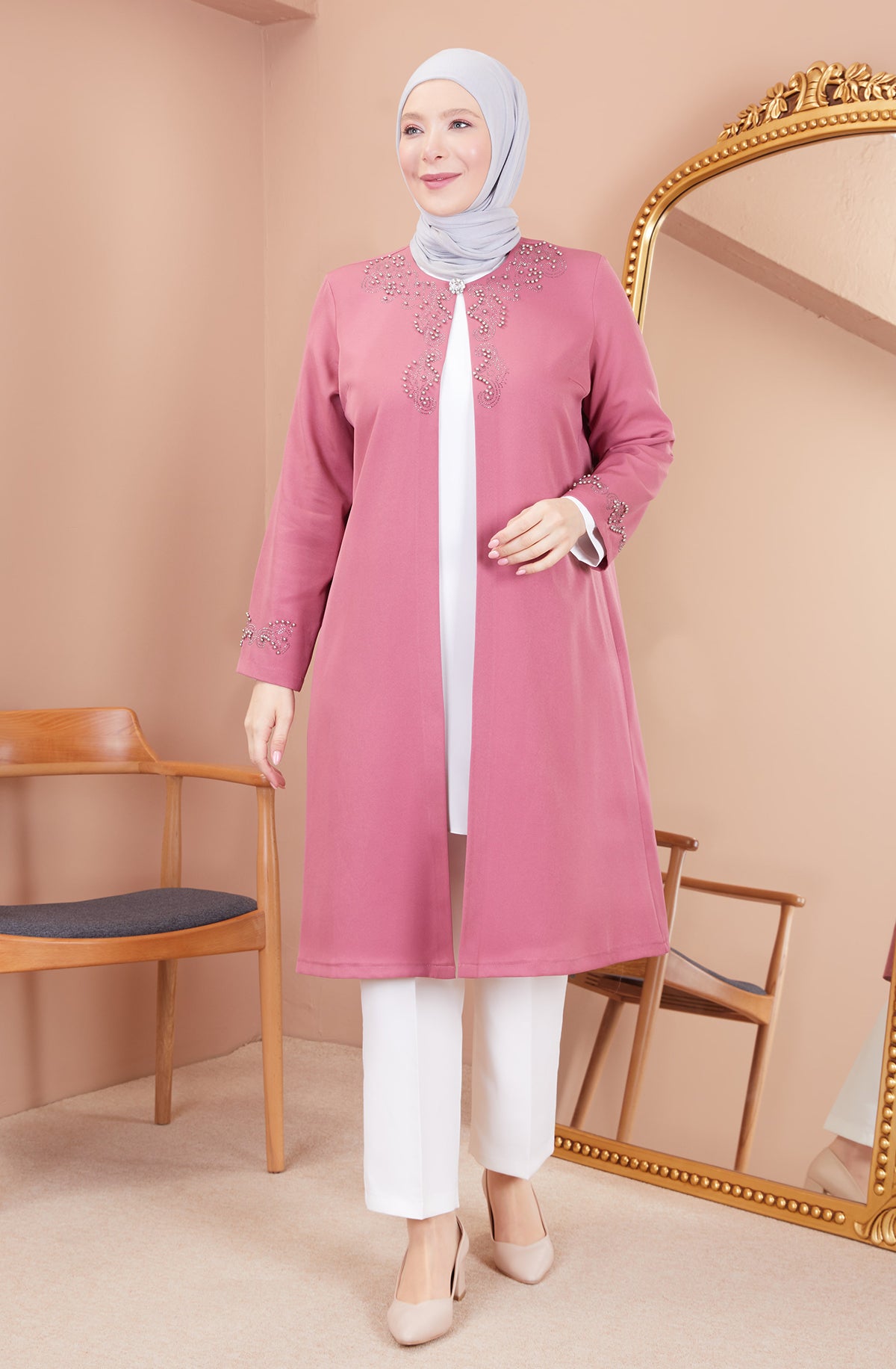 Robe en mousseline grande taille avec pierres bordeaux | 8013-2-7