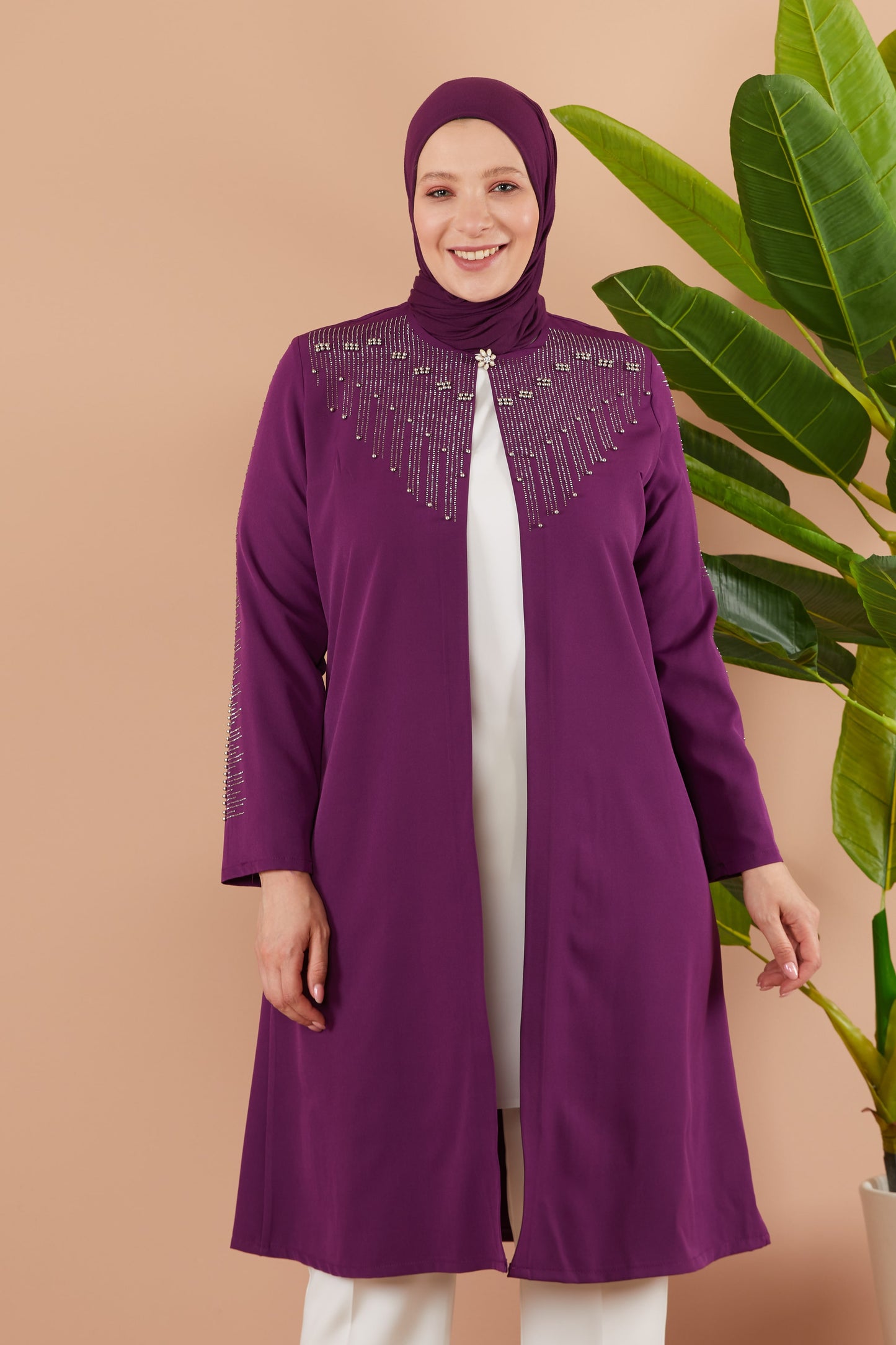 Robe en mousseline grande taille avec pierres bordeaux | 8013-2-7