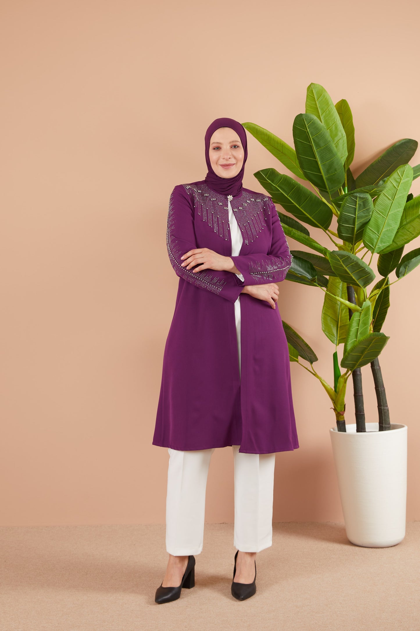 Robe en mousseline grande taille avec pierres bordeaux | 8013-2-7