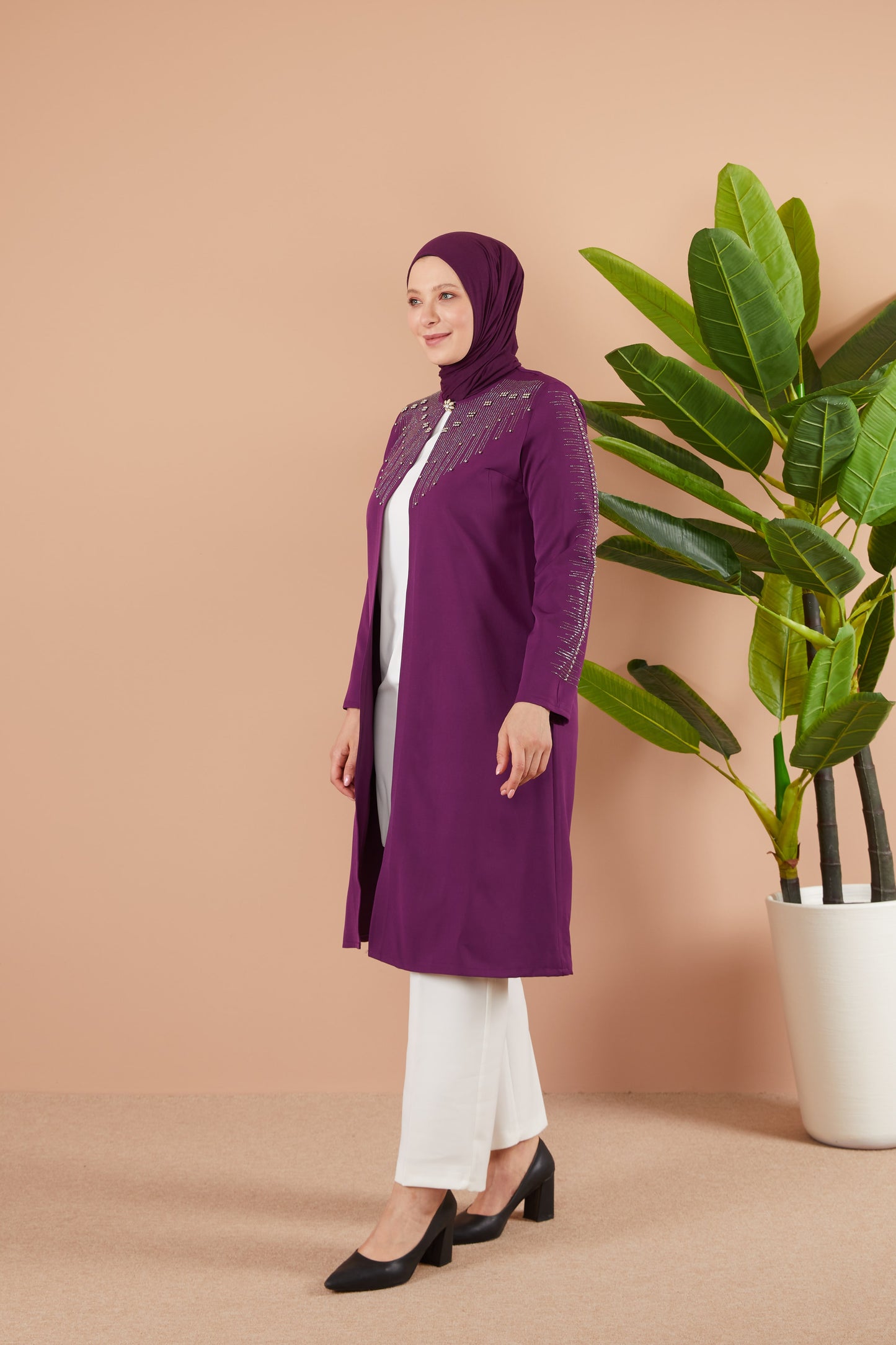 Robe en mousseline grande taille avec pierres bordeaux | 8013-2-7