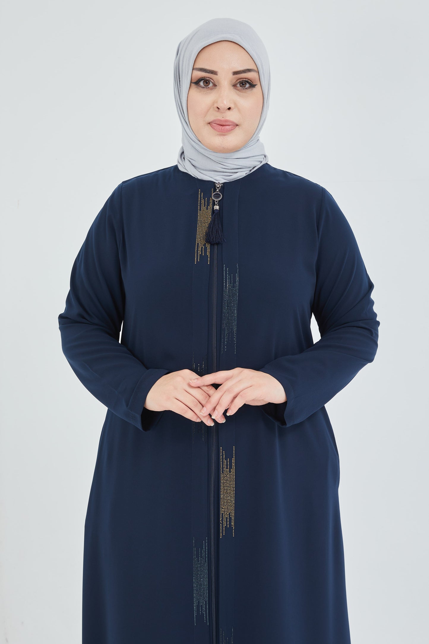 عباية كحلي مقاس كبير مزينة بالحجر مع فتحة مزدوجة من الأمام | 2066-5
