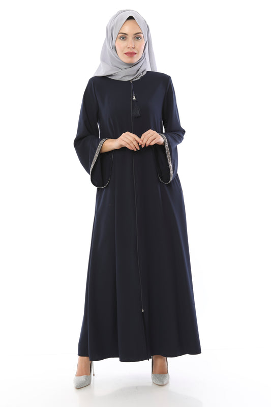 Abaya avec Pierres Rayées sur les Manches Marine | 2024-1-5