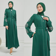 İnci Detaylı Abaya Ferace Zümrüt | 12002-3-42