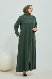 Abaya Brodée Pierre Grande Taille kaki  | 2063-9-9