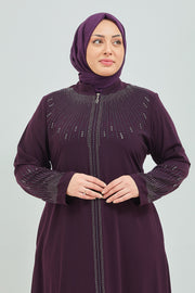 Abaya Brodée Pierre Grande Taille mauve   | 2063-9-8