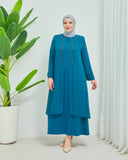 Önü ve Arkası Şifonlu Taş Detaylı Büyük Beden Sendi Elbise Petrol | 8013326