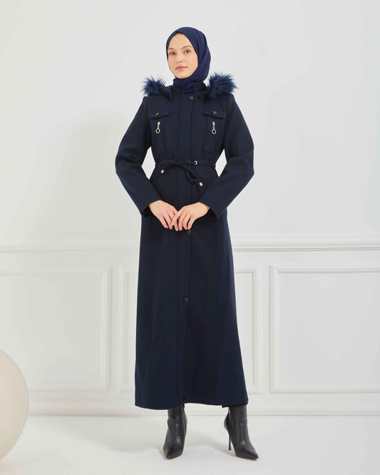 Kapşonlu Kaşe Mont Lacivert | 170015