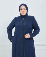 عباية  زيتي مقاس كبير مطرزة من الامام والأكمام بأحجار لامعة | 2063-9-9