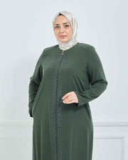 Abaya Brodée Pierre Grande Taille kaki  | 2063-9-9