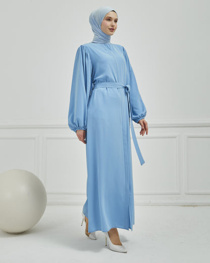  Abaya grise à manches ballon et ceinture à la taille  | 2077-24