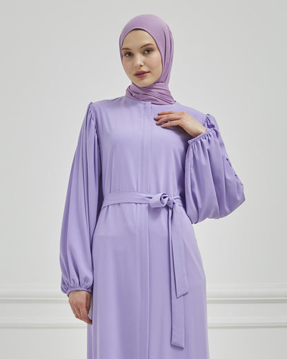  Abaya grise à manches ballon et ceinture à la taille  | 2077-24