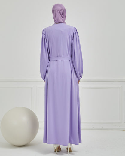  Abaya grise à manches ballon et ceinture à la taille  | 2077-24
