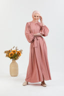 Balon Kollu Beli Kuşaklı Sade Ferace Pembe | 20773