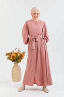 Balon Kollu Beli Kuşaklı Sade Ferace Pembe | 20773
