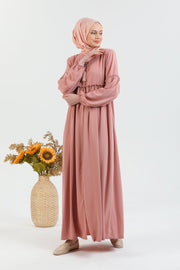 Abaya plissée large et manches élastiques, couleur Rose | 2061-3