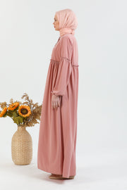 Wide pleated abaya and elastic sleeves, Pink color | 2061-3