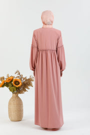 Wide pleated abaya and elastic sleeves, Pink color | 2061-3